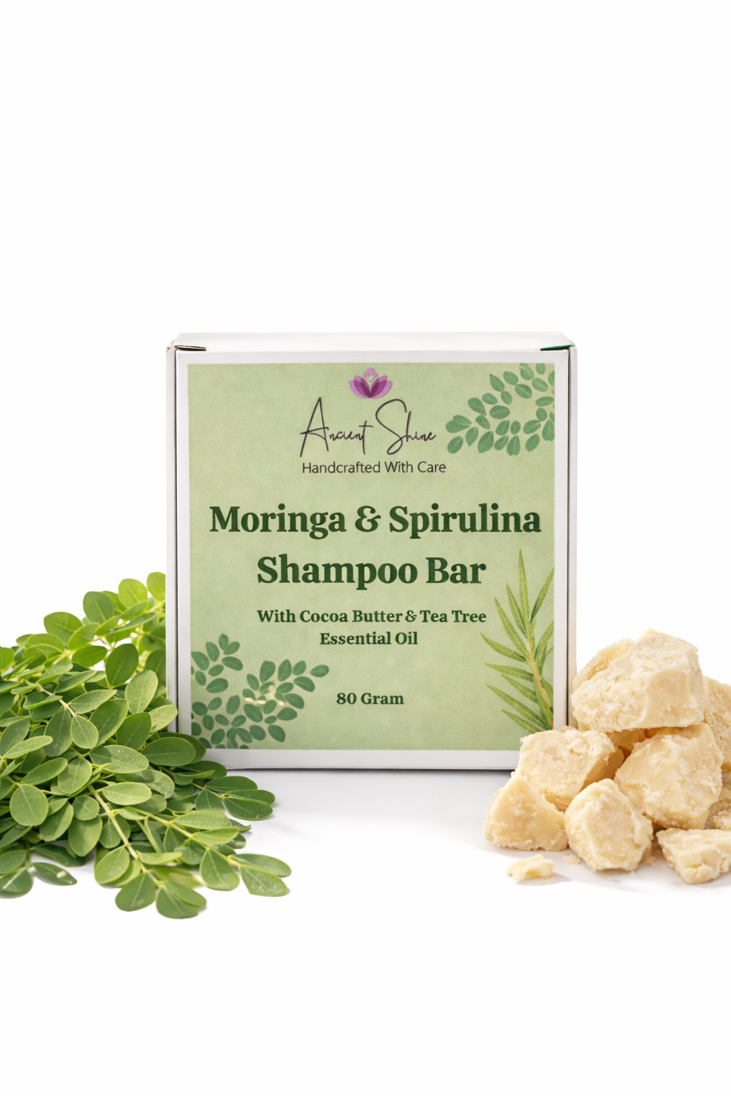 Moringa & Spirulina Shampoo Bar – Natural Herbal Hair Cleanser with Cocoa Butter & Tea Tree Oil | Sulfate-Free | 80g