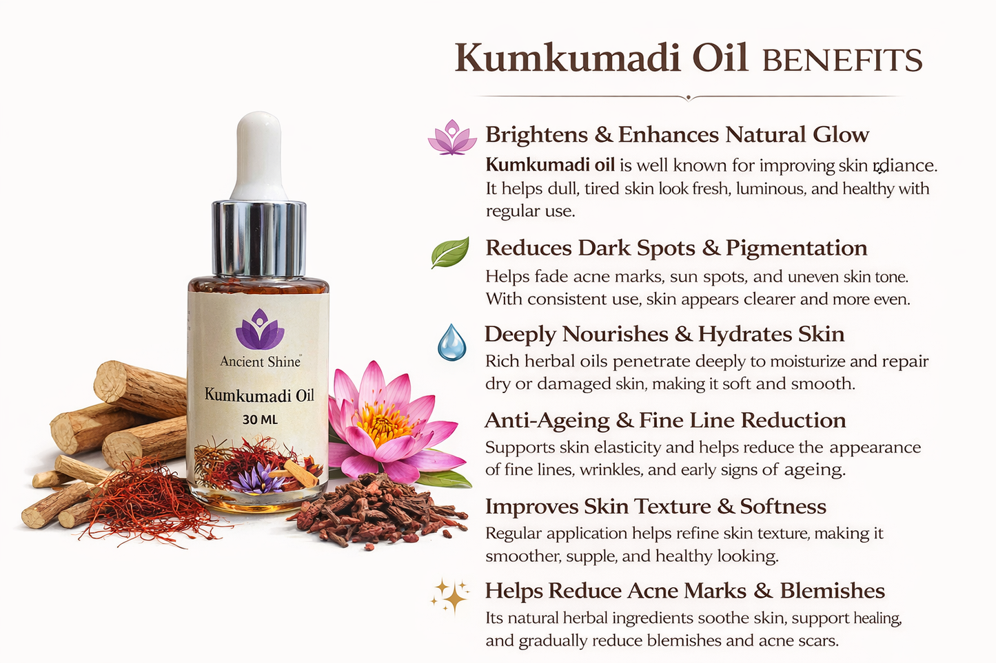 Kumkumadi Oil 30ml – Ayurvedic Face Oil for Glowing Skin | Brightening, Anti-Ageing & Pigmentation Care