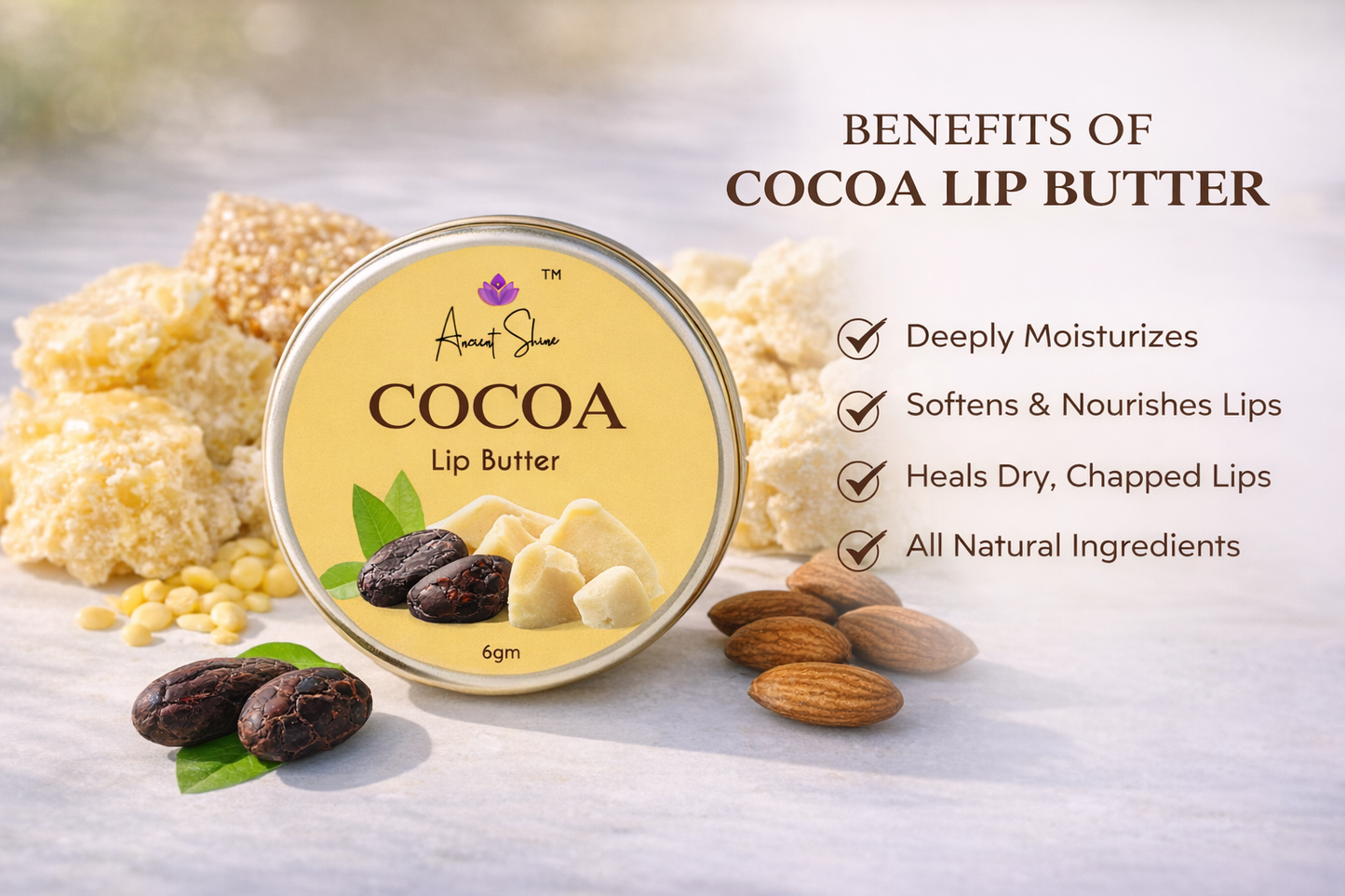 Cocoa Lip Butter with Beeswax & Almond Oil | Deep Moisturising Natural Lip Balm | Hydrating & Nourishing | 6g