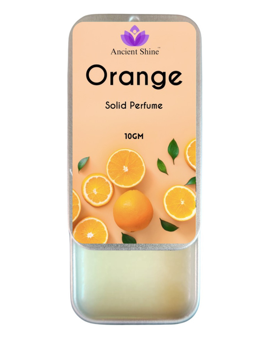 Ancient Shine Orange Solid Perfume 10g with fresh orange slices and natural ingredients, citrus fragrance balm for men and women