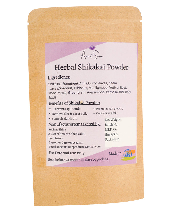 Ancient Shine Herbal Shikakai Hair Wash Powder in eco-friendly packaging with natural ingredients