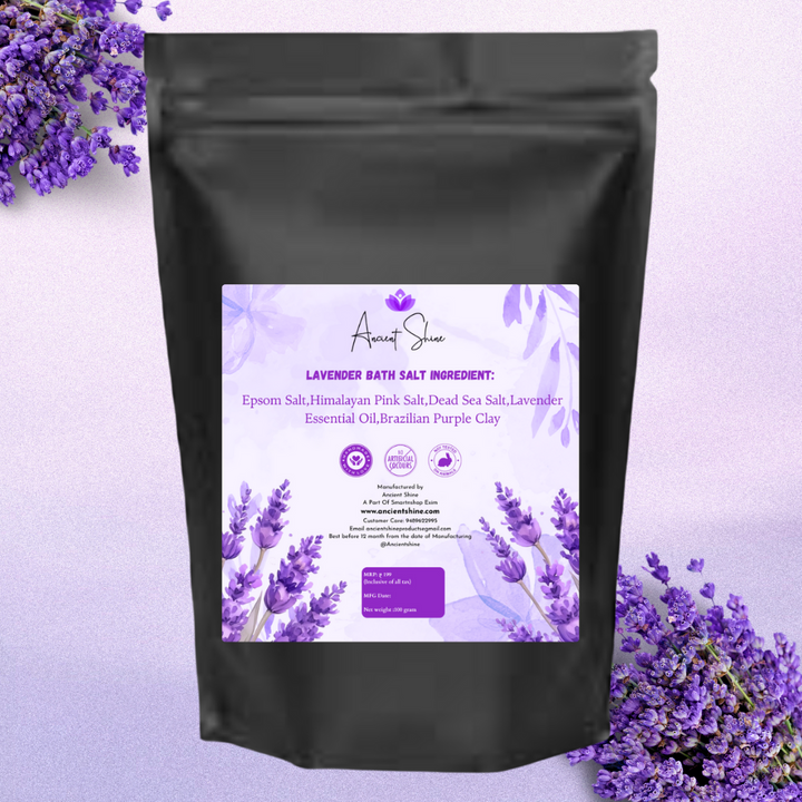 Ancient Shine natural lavender bath salts in black packaging with floral design and detailed ingredient list