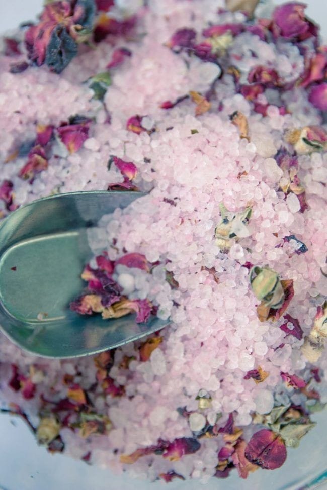Ancient Shine natural lavender bath salts with rose petals for a relaxing soak