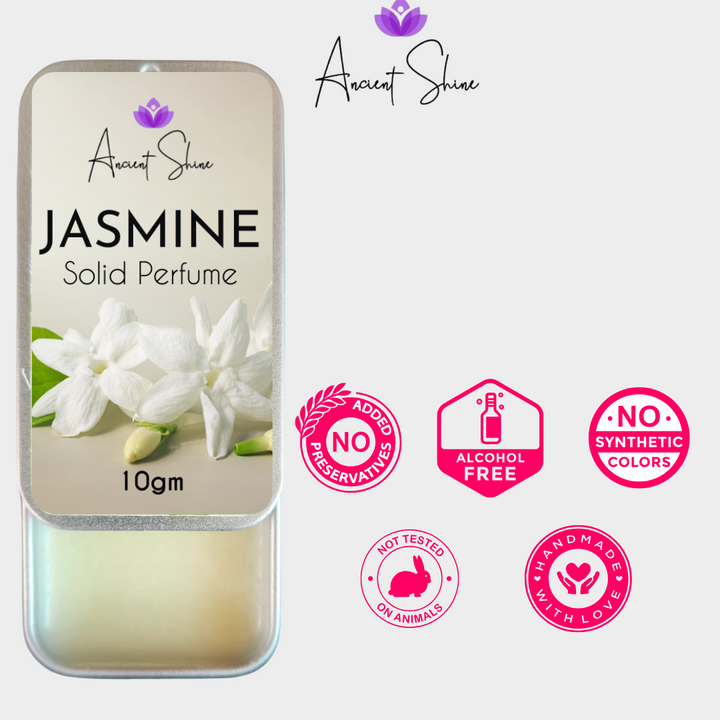 Ancient Shine Jasmine solid perfume in a 10g tin, handmade, alcohol-free, with no added preservatives
