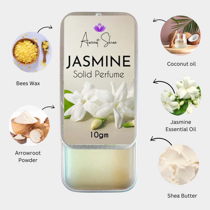 Ancient Shine Jasmine solid perfume in a compact tin with natural ingredients like shea butter and coconut oil