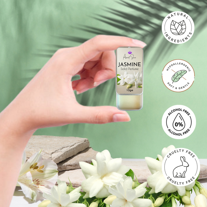 Ancient Shine Jasmine solid perfume in a hand, featuring natural ingredients and alcohol-free formula