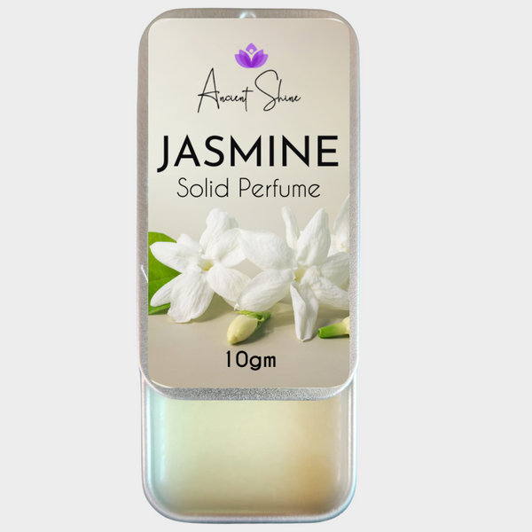 Ancient Shine Jasmine solid perfume in a 10g tin with floral design and jasmine flowers