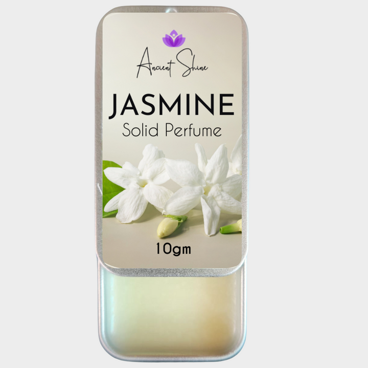 Ancient Shine Jasmine solid perfume in a 10g tin with floral design and jasmine flowers